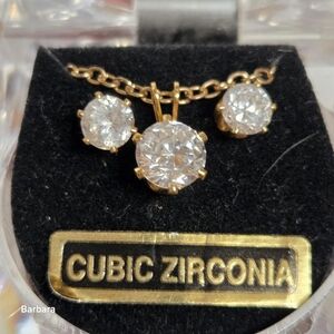 Vintage CZ Solitaire Pendant with Pierced Stud Earrings Set